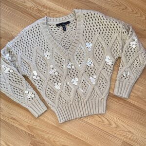 White House Black Market Beige Sweater Sequin Accents Chunky Open Knit Size XS